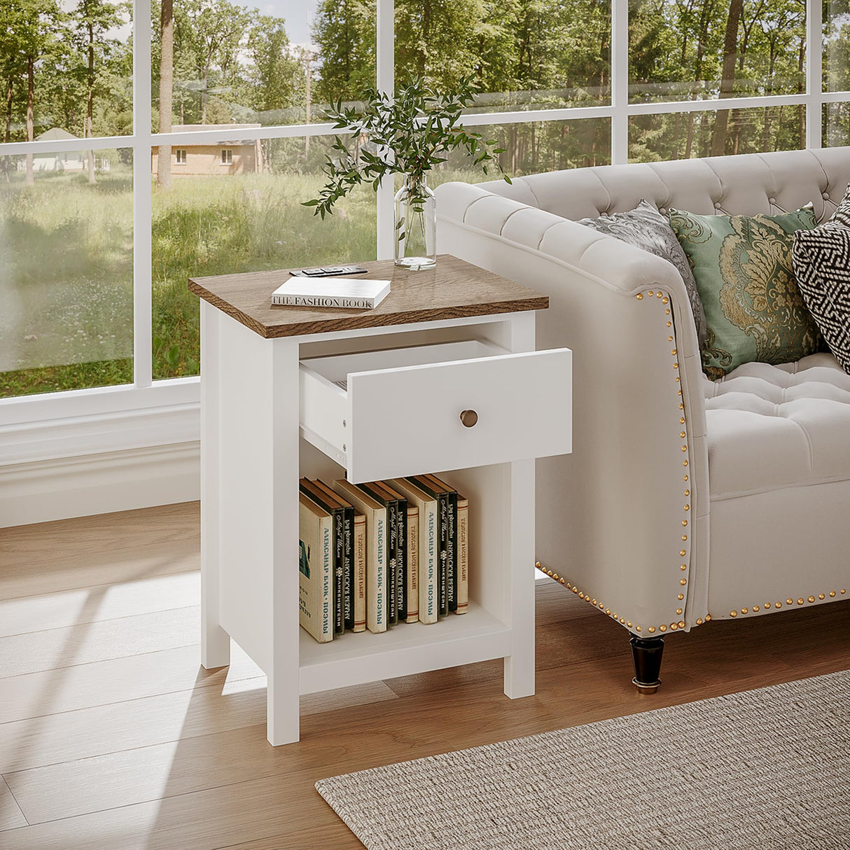 ChooChoo Farmhouse Nightstand Set of 2,Night Stand with Charging Station, Wooden Top Bedside End Table with Drawer and Storage Space for Bedroom, White ChooChoo