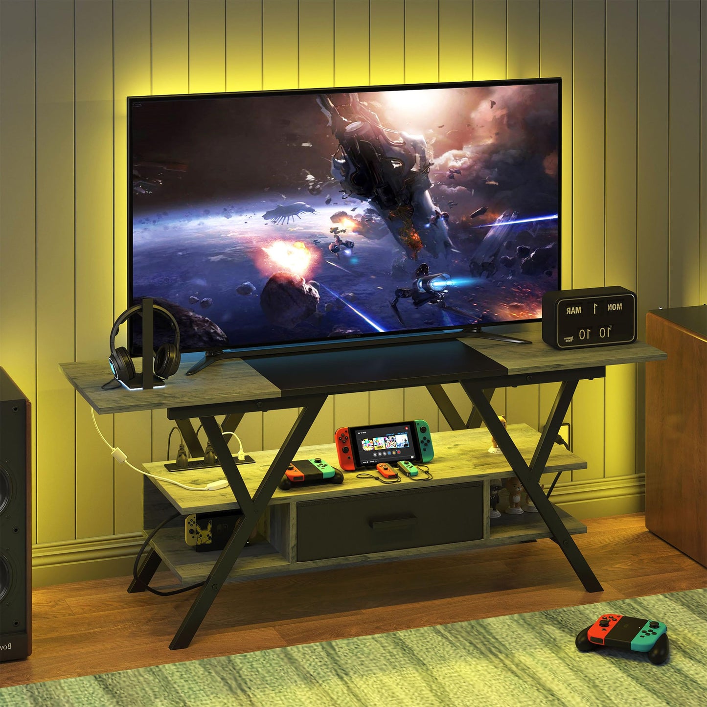 Yusong 65 inch LED TV Stand, Entertainment Center Gaming TV Table with Outlets, Up to 65" Media Console for Living Room, 29+DIY Dynamic RGB Modes, Greige and Black - WoodArtSupply