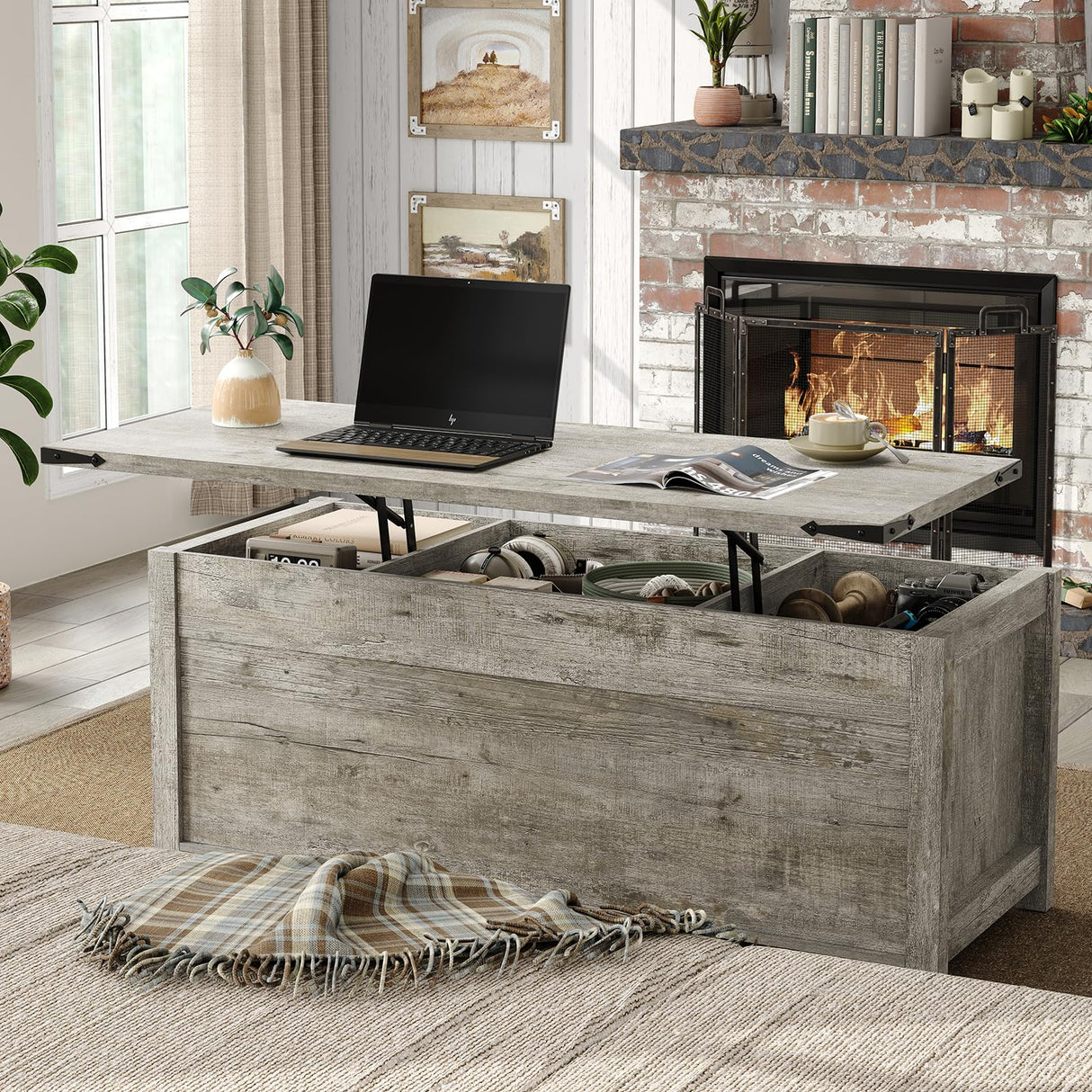 Furnihold Lift Top Coffee Table, 47.3'' Farmhouse Coffee Table with Large Hidden Storage Compartment & Sliding Barn Doors, Wood Modern Rectangle Table for Home, Office, Rustic Grey Furnihold