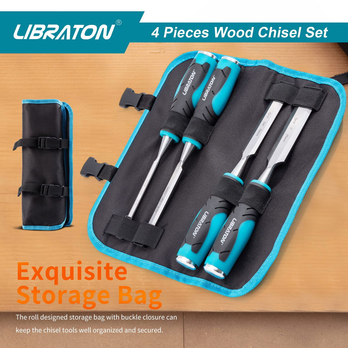 Chisel Set, Wood Chisel Set, Wood Chisel Tool Set for Woodworking, Wood Chisels, Chrome Vanadium Steel Chisel with Storage Pouch, 1/4"(6mm), 1/2"(13mm), 3/4"(19mm), 1"(25mm) LIBRATON