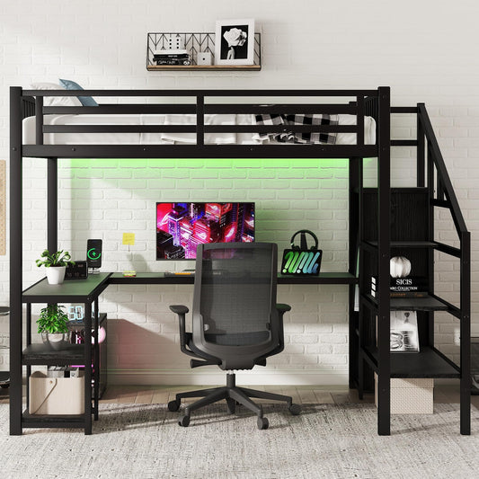 MoproBeti Full Size Loft Bed with Desk and Stairs,Metal Gaming Loft Bed Full with Wardrobe and Shelf, High Loft Bed with LED & USB Charging Station for Teens, Adults, Space Saving Design,Black