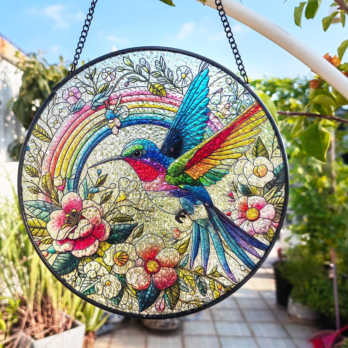 Hummingbird Suncatcher Stained Glass Window Hanging Original Design of 7.8''Hummingbirds Rainbow Flowers for Sun Catchers Indoor Wall Art Home Decor Gift Painted Glass Panel Dadamayar