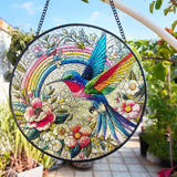 Hummingbird Suncatcher Stained Glass Window Hanging Original Design of 7.8''Hummingbirds Rainbow Flowers for Sun Catchers Indoor Wall Art Home Decor Gift Painted Glass Panel Dadamayar