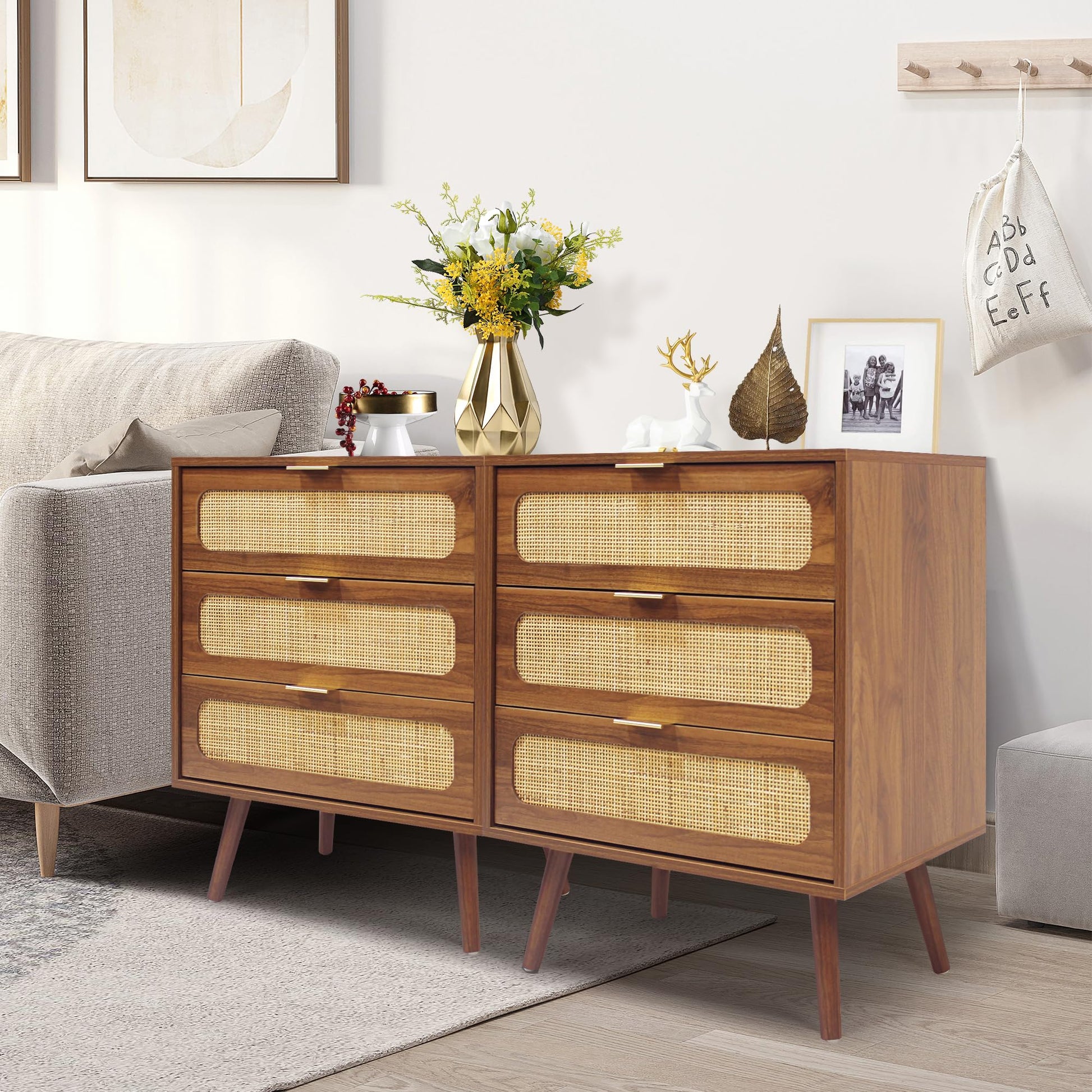 QHITTY Drawer Dresser Set of 2, Rattan Chest of Drawers with 3 Drawers Dresser, Accent Storage Cabinet Modern Bedside Table for Living Room, Bedroom, Entryway (Walnut) - WoodArtSupply