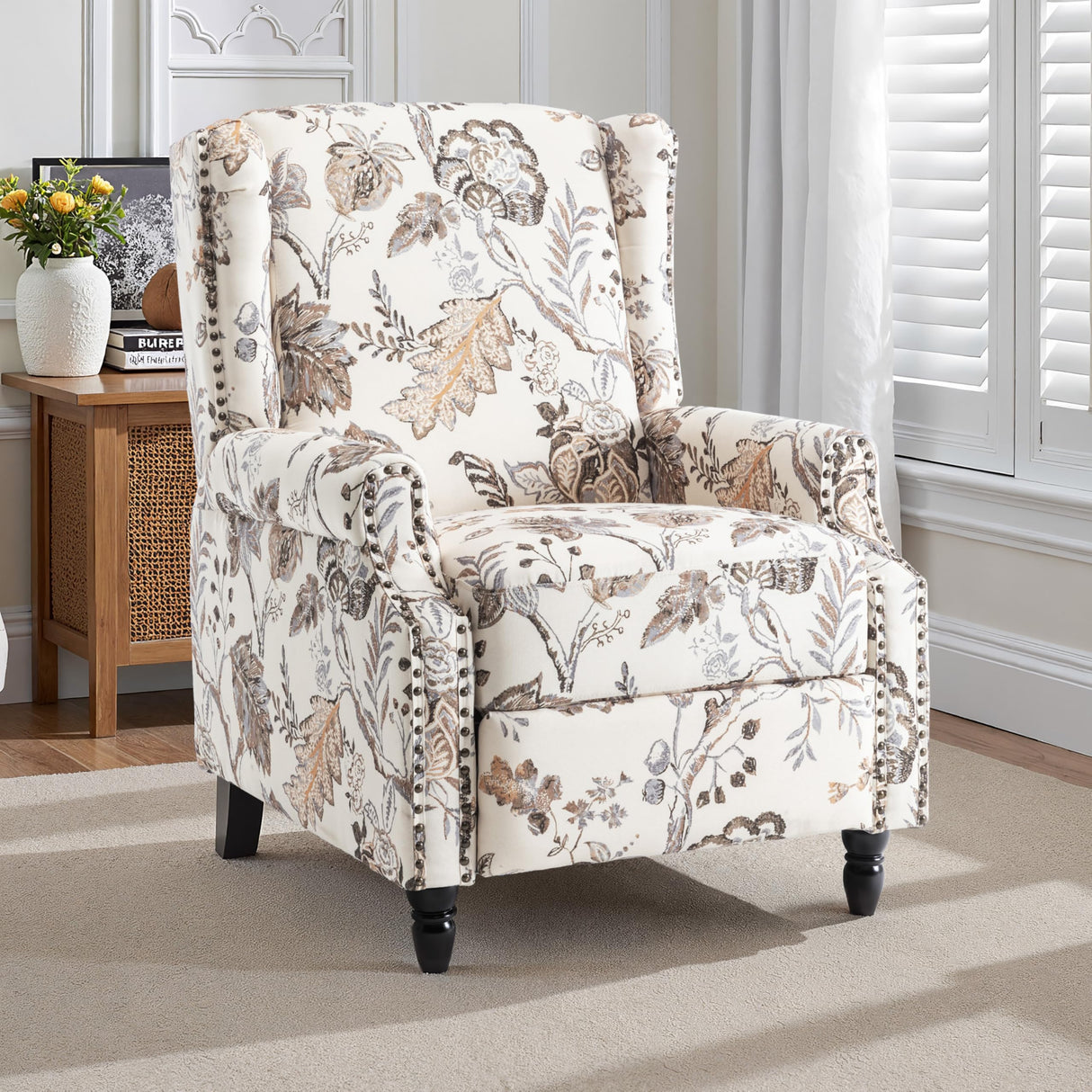 Pushback Recliner Chair, Floral Fabric Wingback Recliner Chair, Upholstered Armchair Push Back Recliner, Rivet Trim Single Sofa Accent Chair with Wood Legs for Living Room, Plants Beige Lumibee