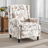 Pushback Recliner Chair, Floral Fabric Wingback Recliner Chair, Upholstered Armchair Push Back Recliner, Rivet Trim Single Sofa Accent Chair with Wood Legs for Living Room, Plants Beige Lumibee