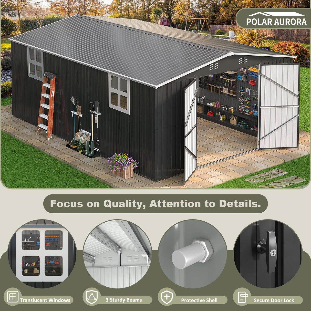 Polar Aurora 12x18 FT Outdoor Storage Shed, Garden Shed with Updated Frame Structure and Lockable Doors, Metal Tool Sheds for Backyard Garden Patio Lawn,Black Polar Aurora