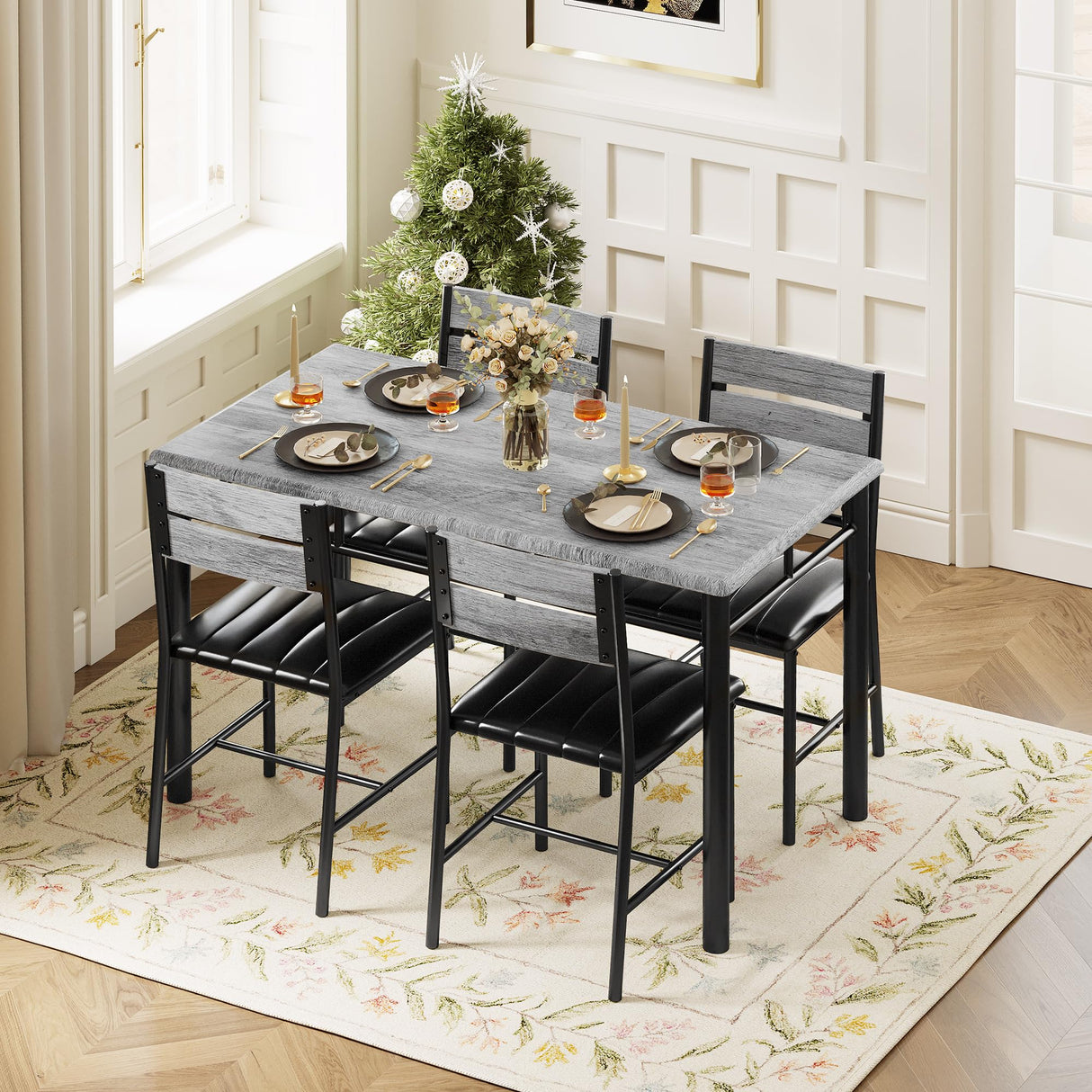 IRONCK Dining Table Set for 4, Wood Kitchen Table with Upholstered Chairs for Kitchen Room and Small Spaces, Grey IRONCK