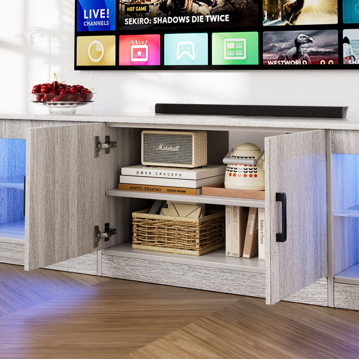 Algglobuy Modern TV Stand for 65 Inch TV with LED Lights, Entertainment Center with Adjustable Tempered Glass Shelves & Power Outlets, Media TV Console Table for Living Room, Bedroom Algglobuy
