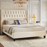 HISOFT Queen Bed Frame, Velvet Upholstered Queen Platform Bed with 48.8" Tall Wingback Headboard, Button Tufted, No Box Spring Needed, Noise-Free, Cream HISOFT