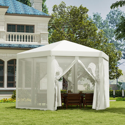 Outsunny 13' x 11' Canopy Tent, Sun Shelter with Protective Mesh Screen Walls, Hexagon Outdoor Tent for Parties, Cream White