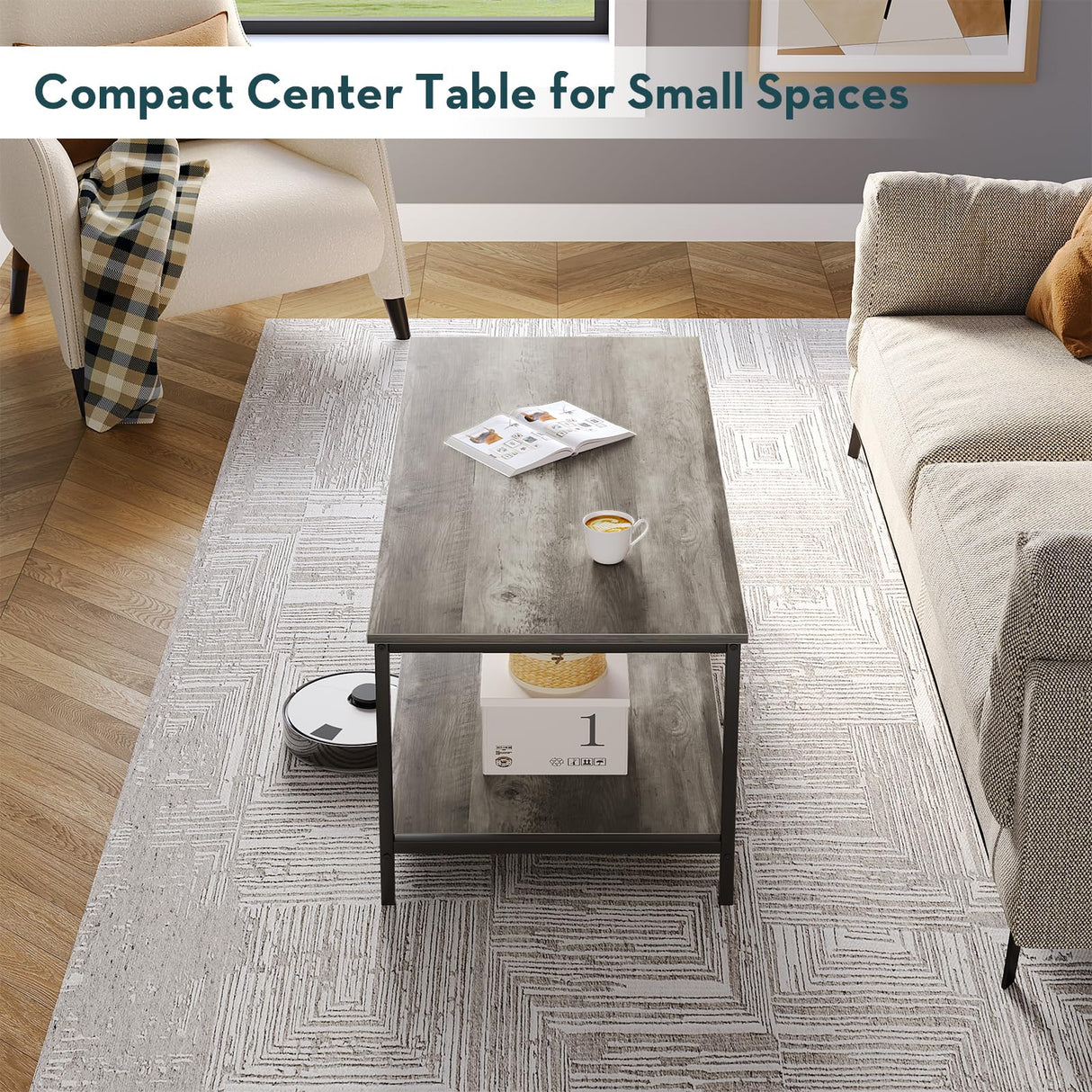 SAYGOER 2-Tier Coffee Table for Living Room Farmhouse Style Center Table with Storage Shelf Rectangle Wood Table for Large or Small Spaces Apartment Home Office, Easy Assembly Gray Wash SAYGOER