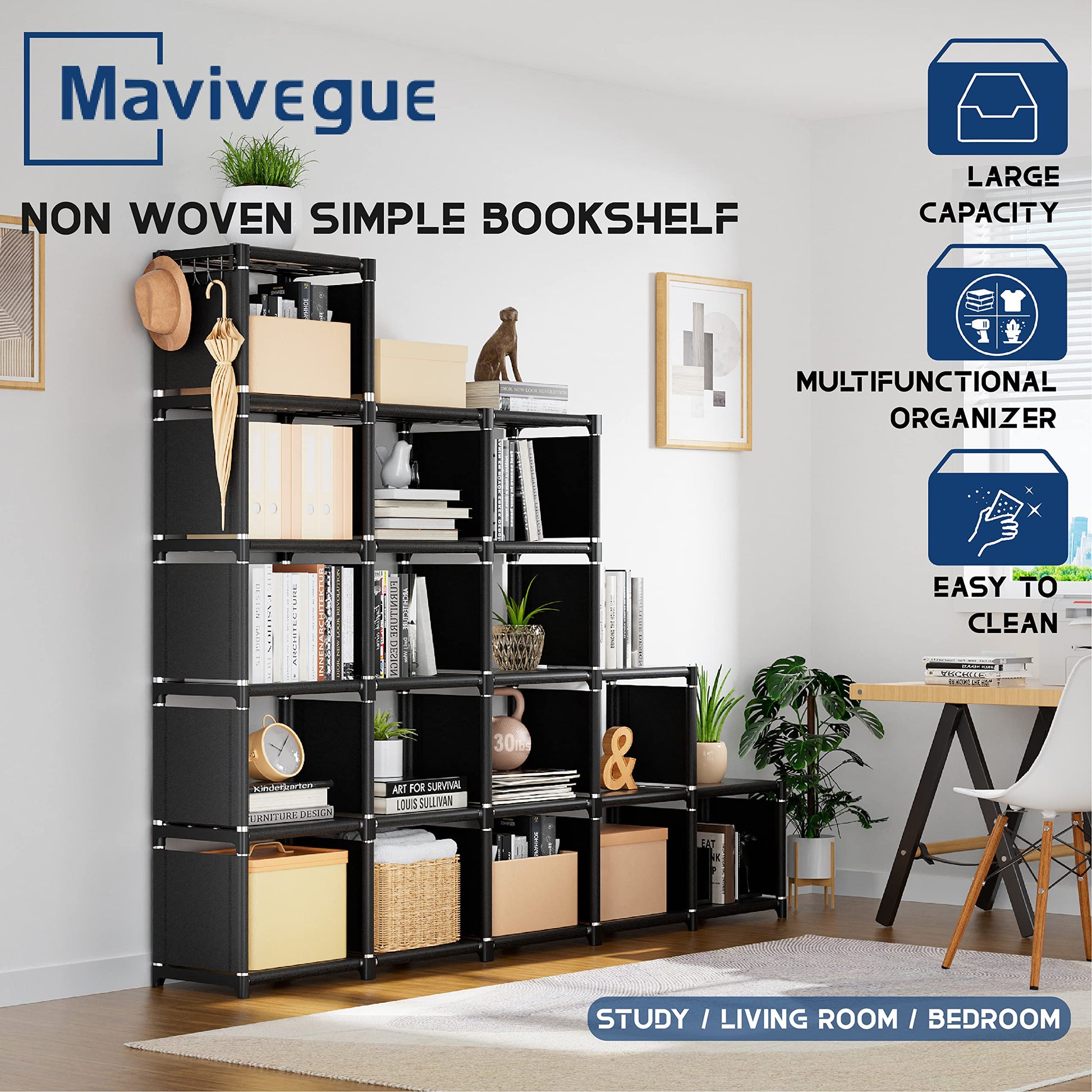 Mavivegue 18-Cube Extra Large Storage Organizer - Versatile Black Bookshelf for Home and Office - WoodArtSupply