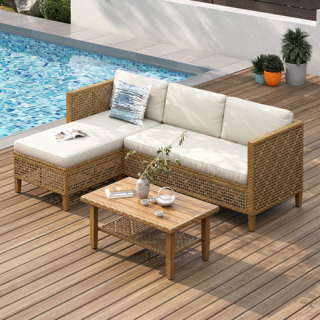 PHI VILLA Wicker Patio Furniture Set, L-Shaped Small Patio Conversation Set, Sectional Outdoor Sofa with Cushions and Acacia Wood Coffee Table, 4 Seats, Beige PHI VILLA
