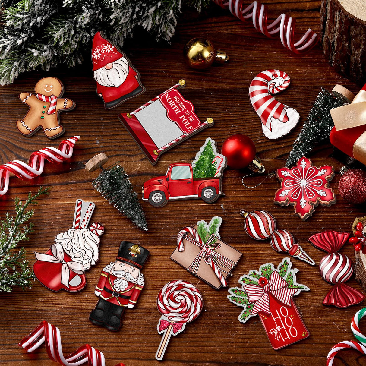 Huwena 40 Pcs Christmas Wooden Ornaments Red Christmas Decorations for Xmas Tree Wreaths Gingerbread Gnome Hanging Ornaments Nutcracker Peppermint Candy Wood Cutouts Christmas Decor for Home Huwena