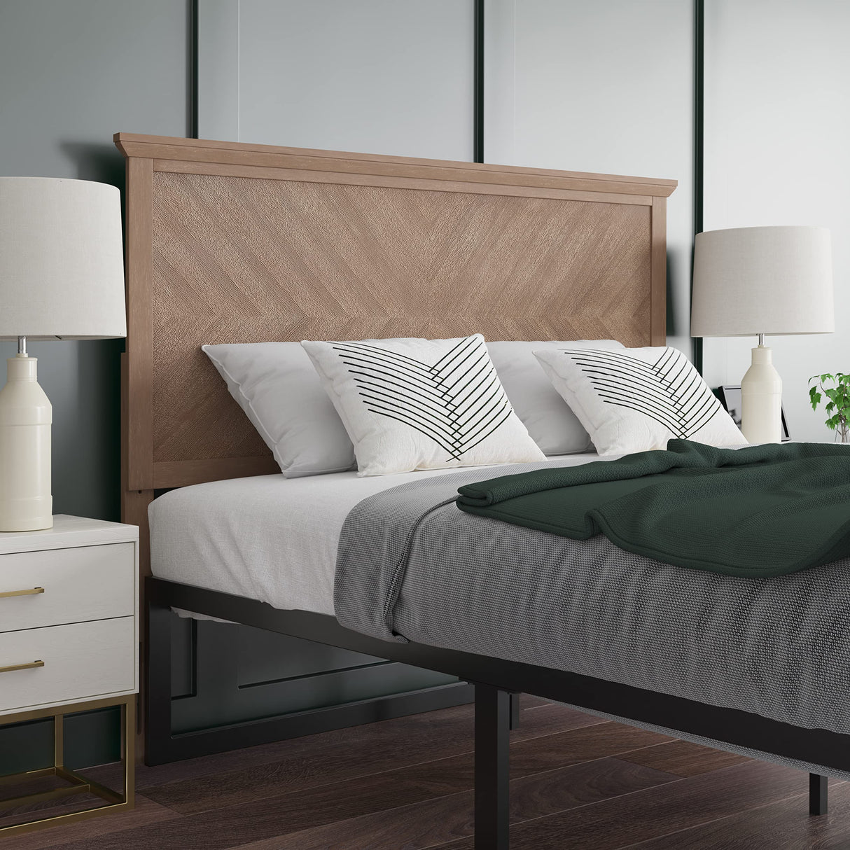 EMMA + OLIVER Frenti Full Size Wooden Headboard Only, Herringbone Patterned Adjustable Headboard in Light Brown EMMA + OLIVER