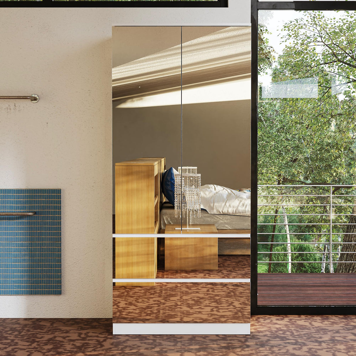 WOODTIME Wardrobe Closet with All Mirror, Wooden Armoire with 2 Doors, 2 Drawers & Hanging Rod, Clothes Storage Cabinet Organizer for Bedroom Apartment, White WOODTIME