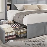 EnHomee King Size Bed Frame with 4 Storage Drawers, Upholstered Platform King Bed Frame and Headboard, King Bed Frame with LED Lights & Charging Station, Noise Free,No Box Spring Needed,Beige, Grey EnHomee