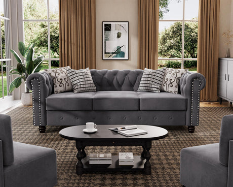 Morden Fort Classic Chesterfield Sofa Set 82'', Tufted Sofa Couch Set with Solid Wood Legs Thick Cushion, Pet-Friendly 3-Seater Sofas Couches for Living Room Bedroom Apartment - Velvet Grey Morden Fort