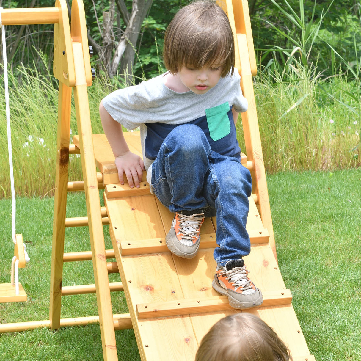 Avenlur 4-in-1 Juniper Outdoor Play Gym - Jungle Gym Playset with Baby Swing, Slide, Ladder, and Climbing Wall - Foldable Wooden Playset - Outdoor Jungle Gym for Kids Ages 18mo to 6yrs Avenlur