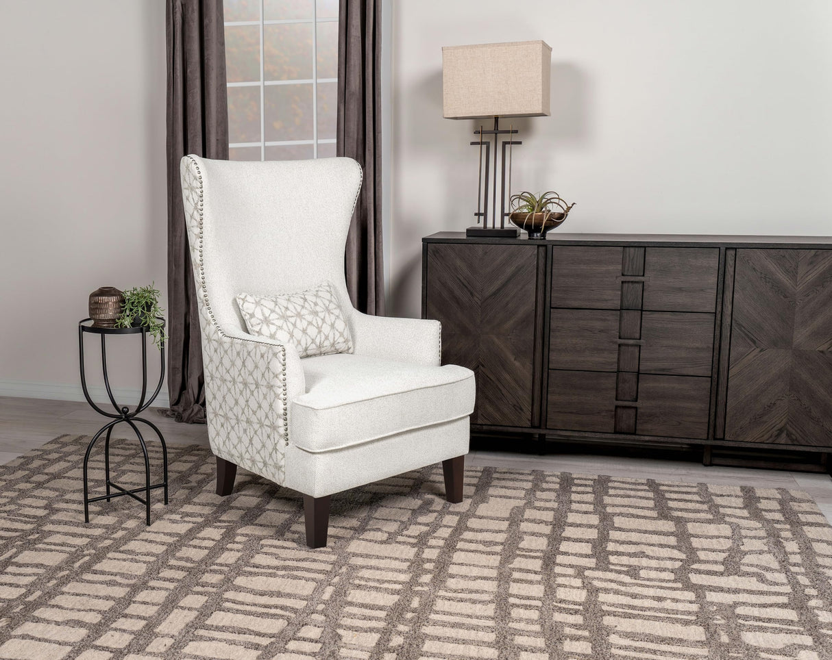 Coaster Home Furnishings - Pippin - Upholstered High Wingback Accent Chair with Brown Wood Legs, Track Arms, Removable T-Cushion, Geometric Pattern and Nailhead Trim - Living Room - Latte - 904066 Coaster Home Furnishings