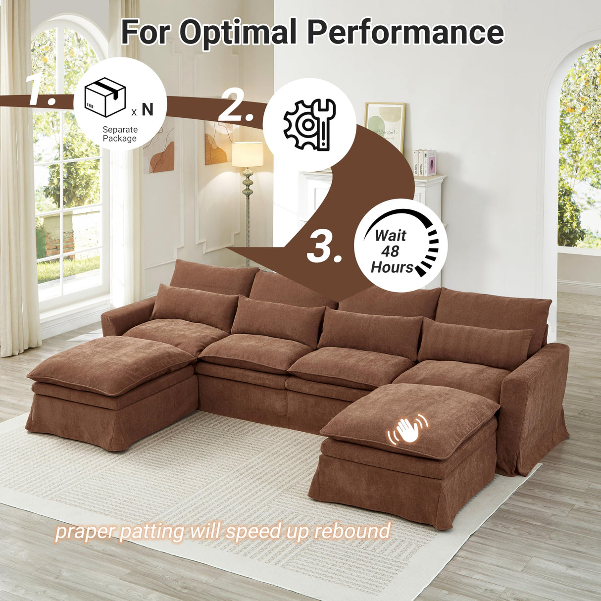 N NOORDENIYA 122″ Oversized Modular Sectional Sofa with Movable Ottoman, 6-Seat Deep Seat Sofa with Individual Sofa Covers, U Shaped Couch for Living Room, Bedroom, Apartment, Fabric, Brown N NOORDENIYA