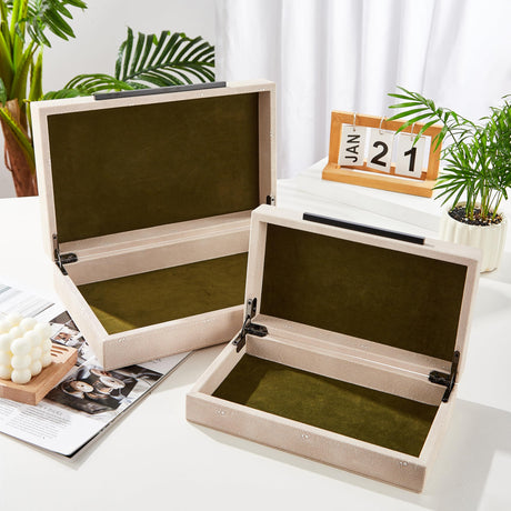 Denique Shagreen Decorative Boxes Set of 2, Leather Jewelry Storage Box Modern Storage Boxes with Lids, Ivory Stacking Boxes with Black Metal Handles Home Organizer Box Denique