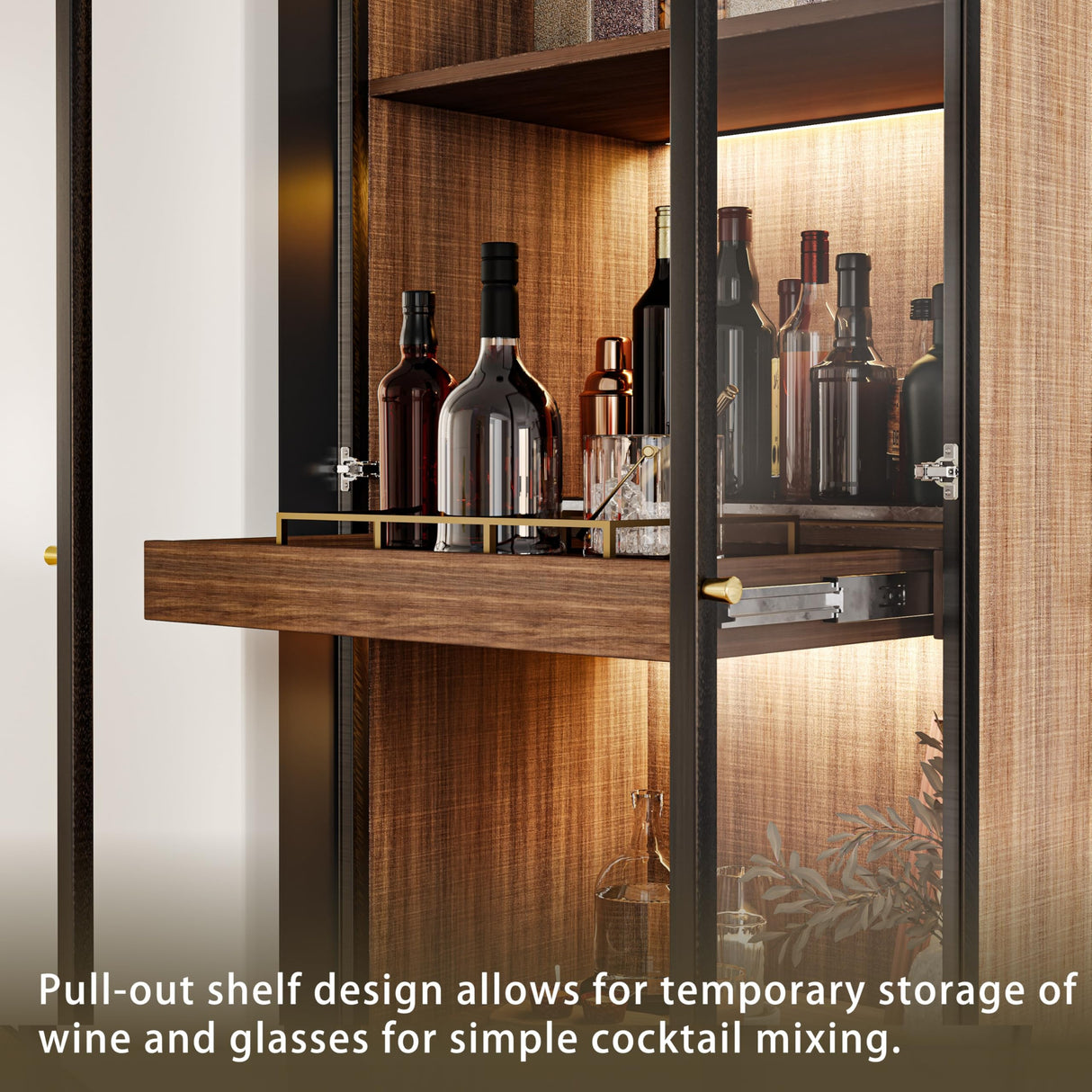 ATJafurn Glass Display Cabinet with LED Lights Tempered Glass Curio Cabinet with Pull-Out Shelf for China Liquor Collectibles 23.6'' W (Walnut) ATJafurn