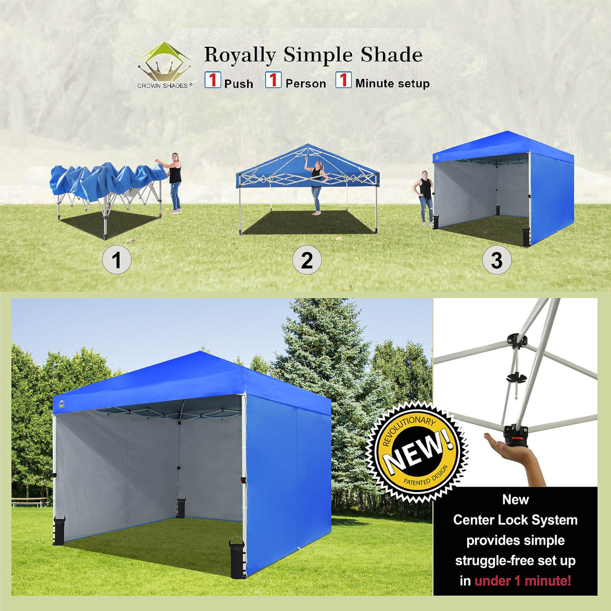 CROWN SHADES 10X10 Comercial Instant Canopy Pop Up Tent with Center Lock (10x10 with 4 Sidewalls, Blue) CROWN SHADES