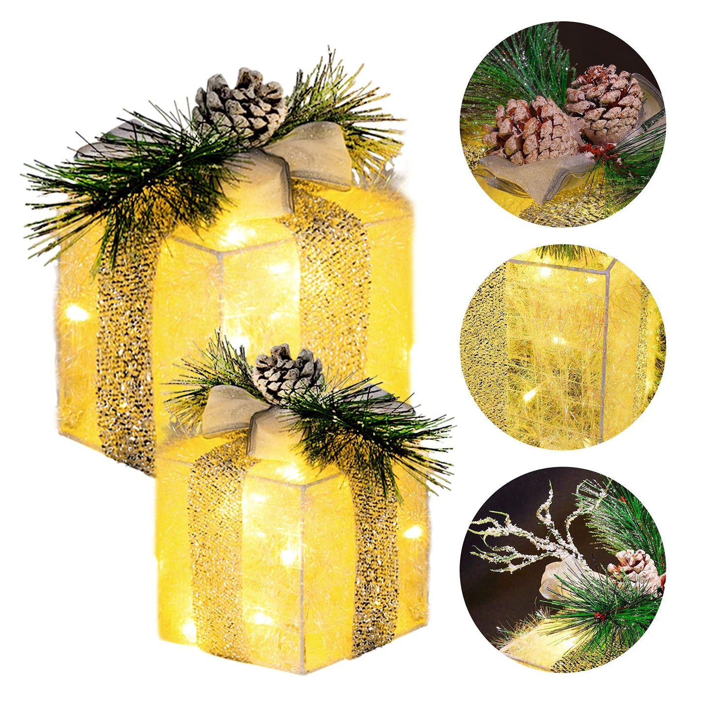 Hourleey Set of 3 Christmas Lighted Gift Boxes, Pre-lit 60 LED Light Up Present Boxes Ornament Outdoor Warm White Tinsel Boxes Decoration for Indoor Christmas Home Yard Lawn Decor