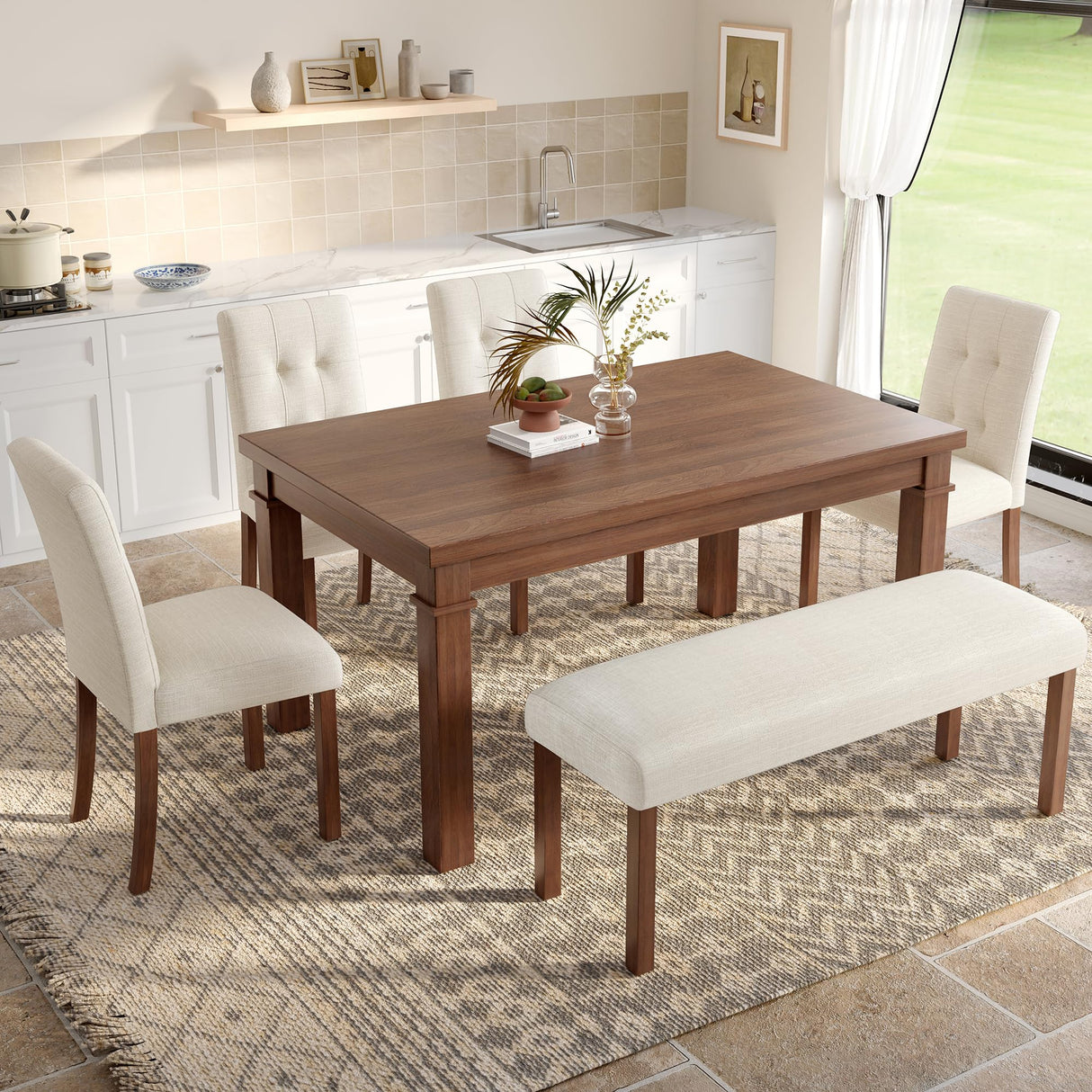 VilroCaz Modern 6-Piece Dining Table Set, Solid Wood 60'' Rectangle Kitchen Table with 4 Upholstered Chairs & Bench, Home Kitchen Dining Room Set for 6 (Walnut-7.19) VilroCaz