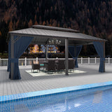 Gotland 2024 New 12' x 20' Hardtop Gazebo, Outdoor Iron Metal Double Roof Pergola with Curtains and Netting for Patio, Garden, Lawn, Navy Gotland