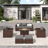 Amopatio 8-Piece Wicker Outdoor Patio Furniture Set with Ottoman, Sectional Couch, 44” Metal Fire Pit Table for Patio, Porch, Backyard - Weather Resistant, Comfortable Cushions, Grey Amopatio