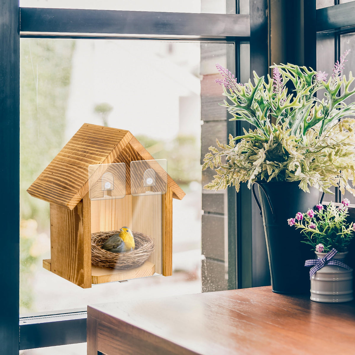 Window Bird Houses for Outside with 2 Powerful Hooks, Clear Window Bird House for Viewing Inside, Hanging Wooden Birdhouses to Paint for Outdoors, Bird Nesting Box for Bluebird Finch Chickadee ANSTEEP