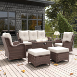 LayinSun 7 Pieces Outdoor Patio Furniture Set with Fire Pit Table, Rattan Wicker Sectional Swivel Rocker Chairs Sets with Ottomans, Swivel Glider Chairs and Coffee Table LayinSun