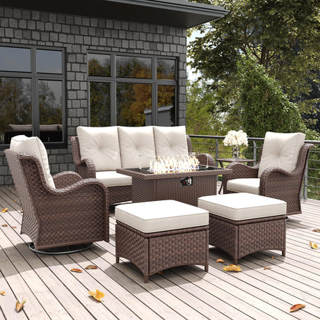LayinSun 7 Pieces Outdoor Patio Furniture Set with Fire Pit Table, Rattan Wicker Sectional Swivel Rocker Chairs Sets with Ottomans, Swivel Glider Chairs and Coffee Table LayinSun