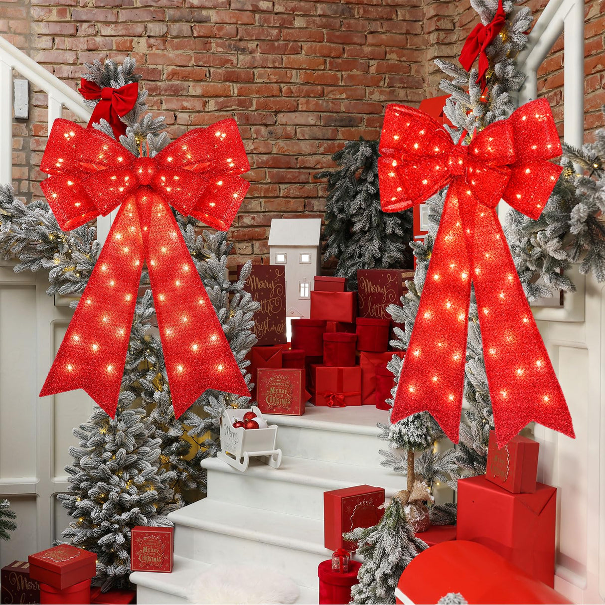 Liliful 4 Pcs 18 x 32 Inch LED Christmas Wreath Bows Extra Large Red Glitter Bows 72 LED Lights Wreath Huge Bow Door Wall Xmas Tree Topper Decor for Indoor Outdoor Winter Xmas Party Liliful