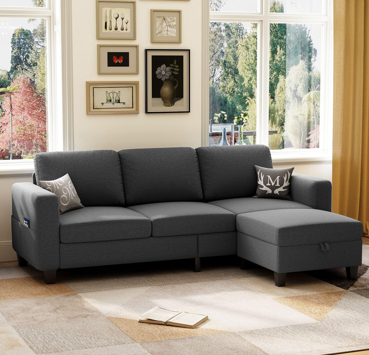 Lonkwa Sectional Sofa Couches for Living Room, 78'' Dark Grey 3 Seater L-Shaped Couch with Storage Ottoman, Comfy Fabric Convertible Sectionals Sofas with Chaise for Apartment, Office, Small Space Lonkwa