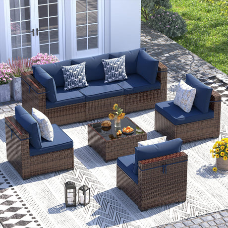 UDPATIO Patio Furniture Set, 7 Piece Outdoor Sectional Sofa, Modular Wicker Outdoor Furniture Conversation Sets with Waterproof Cover for Backyard Deck(Brown/Navy Blue) UDPATIO