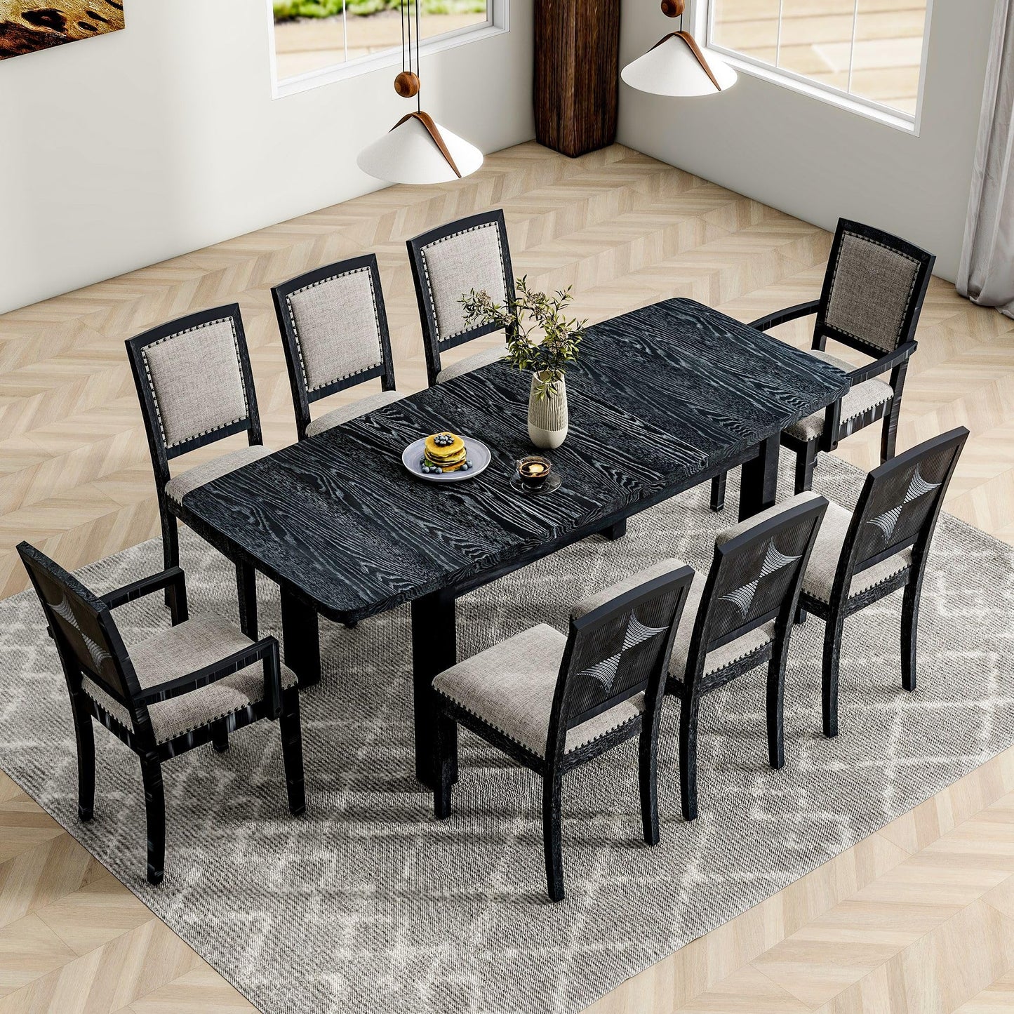 Winwee 9 Piece Rustic Extendable Rectangular Dining Table Set with 6 Upholstered Armless Dining Chairs and 2 Padded Arm Chairs, Wooden Kitchen Set with 24inch Removable Leaf(Black) - WoodArtSupply