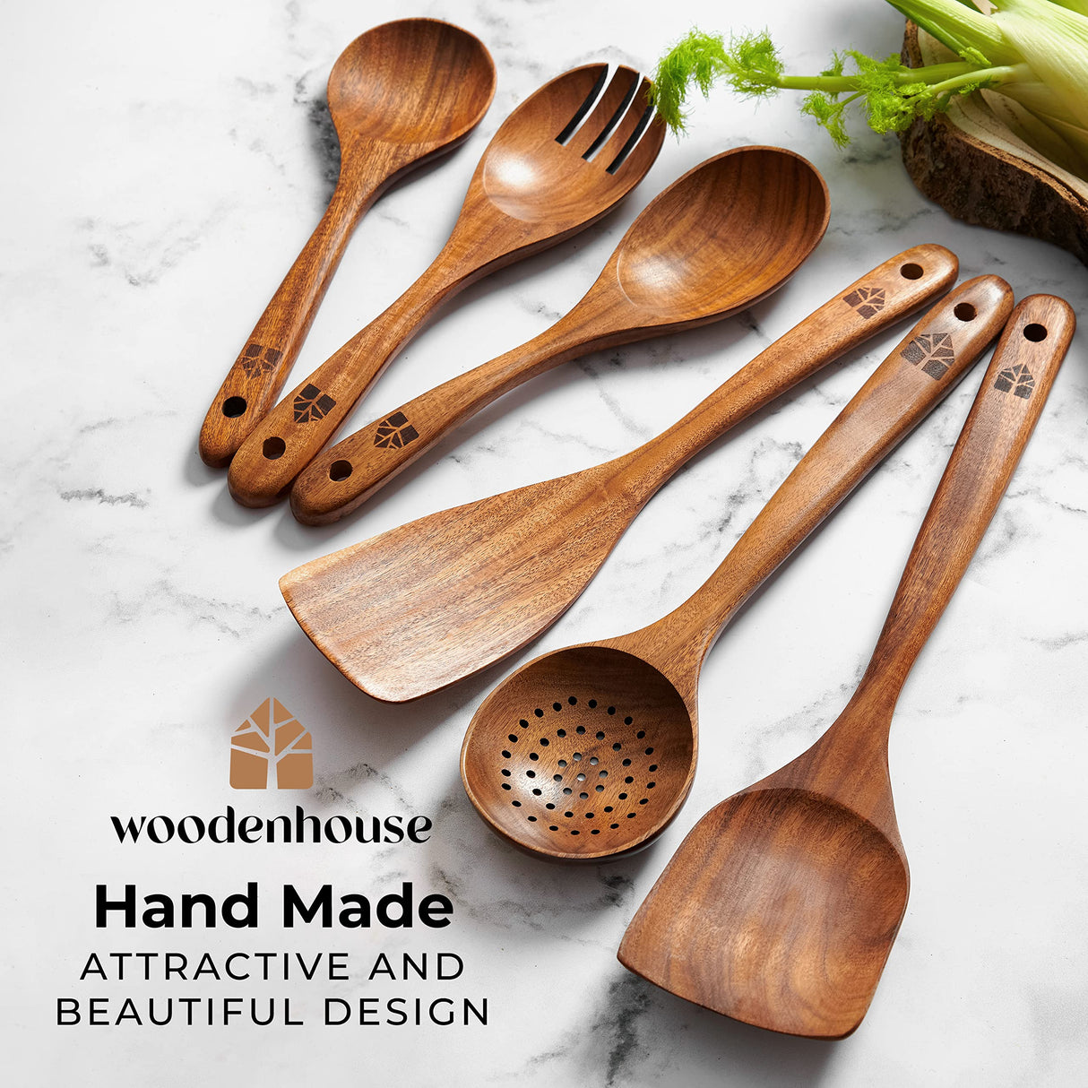 Wooden Spoons for Cooking – Wooden Kitchen Utensils Set, 6 Pcs Teak Wood Utensil Set – Comfortable Grip Non–Stick Wooden Cooking Utensils – Nonstick Natural and Healthy Kitchen Cookware WOODENHOUSE LIFELONG QUALITY