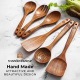 Wooden Spoons for Cooking – Wooden Kitchen Utensils Set, 6 Pcs Teak Wood Utensil Set – Comfortable Grip Non–Stick Wooden Cooking Utensils – Nonstick Natural and Healthy Kitchen Cookware WOODENHOUSE LIFELONG QUALITY