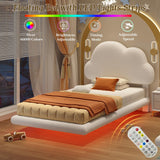 LIKIMIO Twin Bed Frames with Cloud Headboard, Upholstered Boucle Floating Platform Bed with LED Lights, Solid Wooden Slats Support, No Box Spring Needed, Easy Assembly, White LIKIMIO