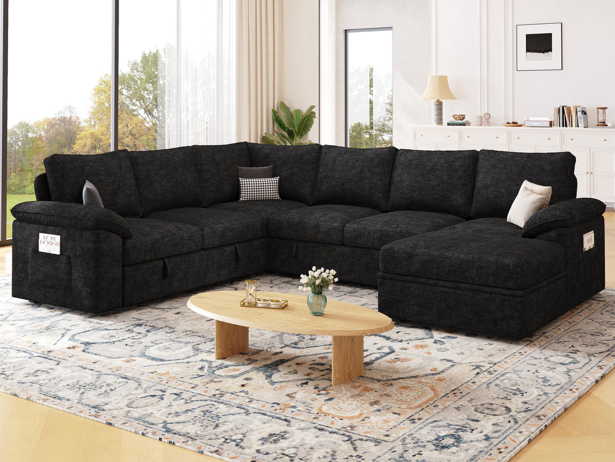 SUAWY 108 Inch Modular Sectional Sofa with Pull Out Bed, U Shaped 7 Seat Sectional Sleeper Sofa with Storage, Sectional Couches for Living Room,Cloud Modular Couch, Removable Sofa Cover, Black SUAWY