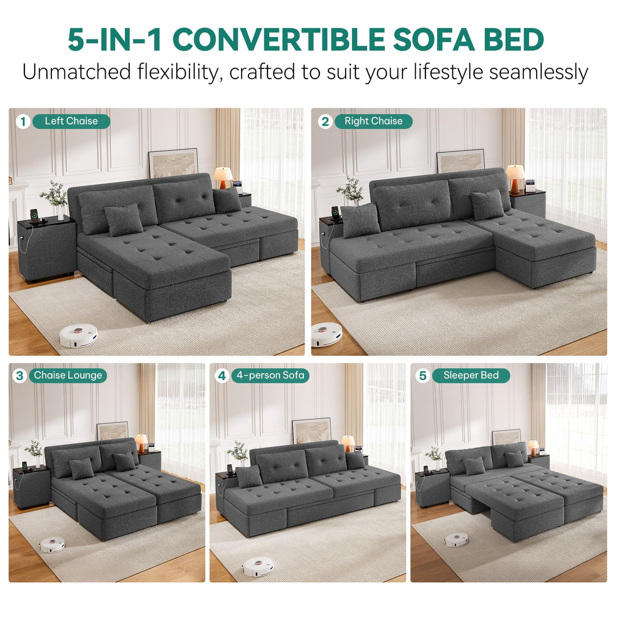 DWVO Queen Size Sofa Bed, 5-in-1 Multi-functional Convertible Sleeper Sofa with 2 Storage Cabinet Nightstand & USB Ports, 100" Sectional Sofa Couch with 2 Comfy Pillows for Living Room Apartment, Grey DWVO