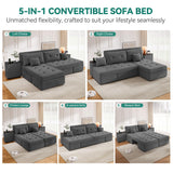 DWVO Queen Size Sofa Bed, 5-in-1 Multi-functional Convertible Sleeper Sofa with 2 Storage Cabinet Nightstand & USB Ports, 100" Sectional Sofa Couch with 2 Comfy Pillows for Living Room Apartment, Grey DWVO