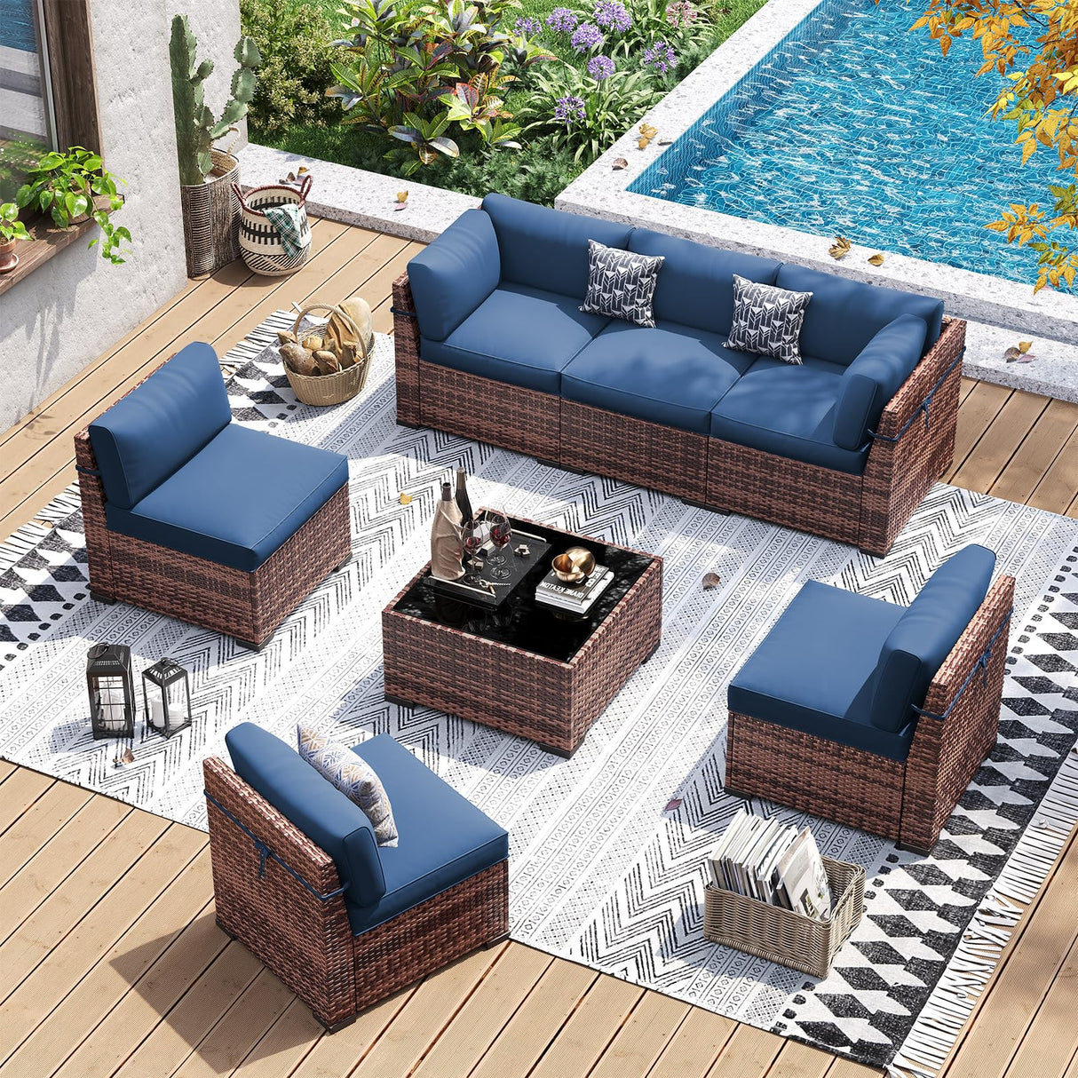 UDPATIO Patio Furniture Set, Modular Outdoor Sectional with 105°Slanted Back, 7 Pieces Rattan Conversation Set for Poolside, Backyard, Deck, with Coffee Table, Waterproof Cover, Blue UDPATIO