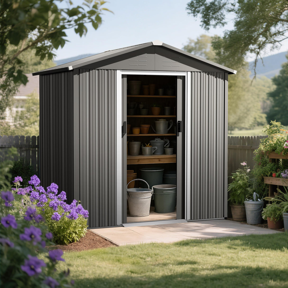 Nuu Garden 6 x 4 FT Outdoor Storage Shed with Sliding Doors, Galvanized Metal Garden Storage Shed with Sloping Roof, Rust-Resistant Backyard Tool Shed with Air Vents for Patio, Lawn, Gray NUU GARDEN