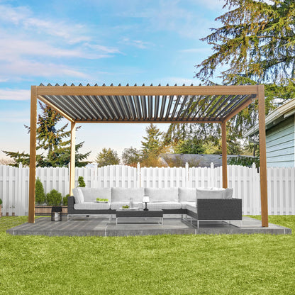 Domi Louvered Pergola 10x13FT, Outdoor Wood Grain Pergola Aluminum Frame with Adjustable Rainproof Metal Roof, Permanent Sun Shade with Drainage System for Deck Garden Yard