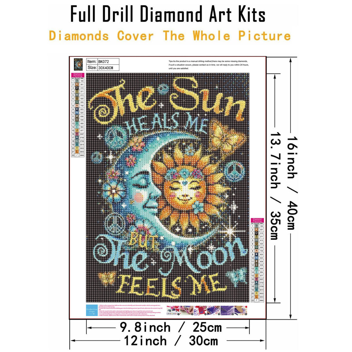 DIY 5D Diamond Painting Kit, Celestial Sun Moon Peace Design, Round Full Drill Crystal Art, Black Background Wall Decor, 12x16 Inch WGSMGL